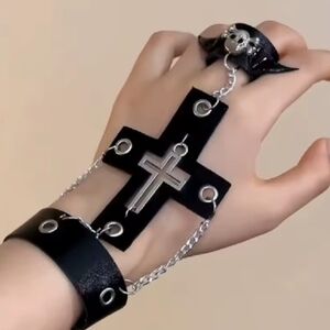 Brand New Gothic Skull Bat Cross Black & Silver Chain Bracelet Bangle